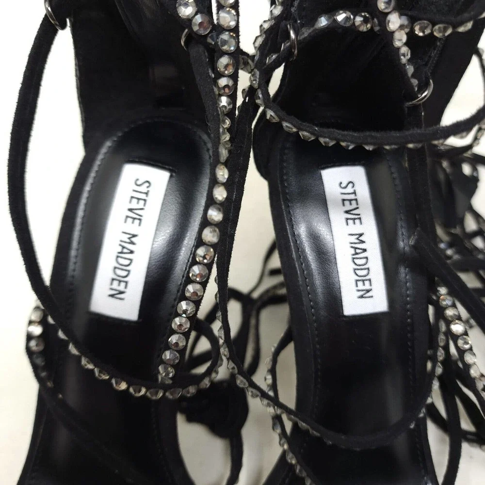 Steve Madden Sandal Heels Justyne Black Glass Rhinestone Tie Up Gladiator 7 - Picture 8 of 10